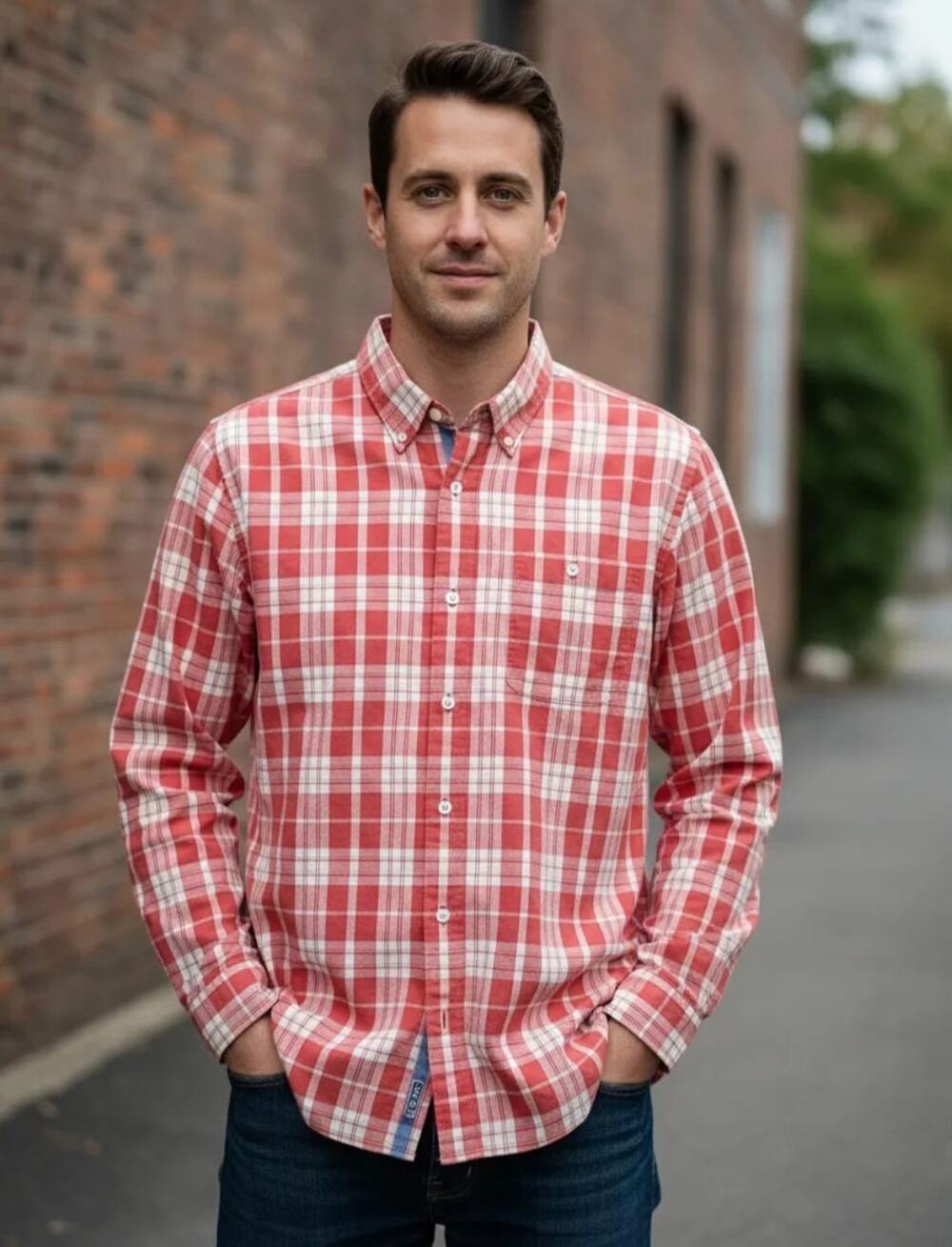 LL Bean Comfort Stretch Chambray Shirt Mens Tall Red Plaid Long Sleeve Button L
